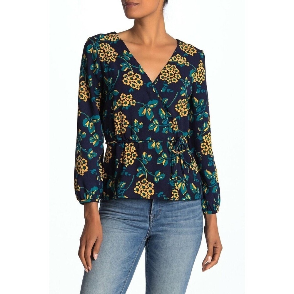 J Crew Womens Navy Blue Yellow Floral Print Faux Wrap Blouse XS